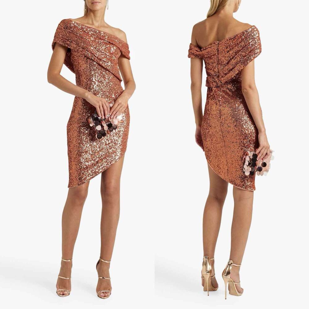 THEIA NWT Arden One Shoulder Sequined Mesh Dress Rose Gold Sz 12 Formal